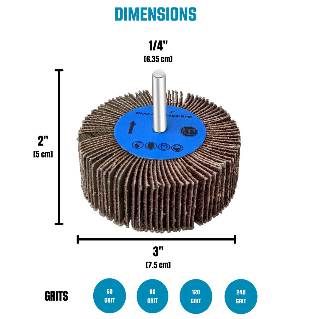 Kit de ruedas de lijado con solapa de 3 piezas para taladro, montadas en vástago de 1/4 de pulgada
