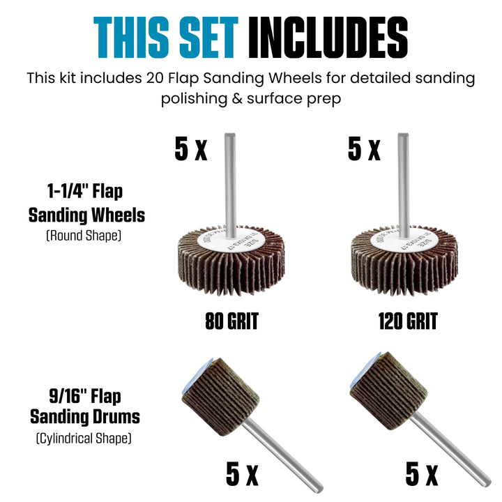 Kit de accesorios de rueda de lijado de aletas para herramienta rotativa | Vástago de 1/8", paquete de 20