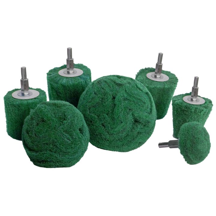 Topes de taladro abrasivos no tejidos de 7 piezas, montados en vástago de 1/4 de pulgada - Verde - Mediano