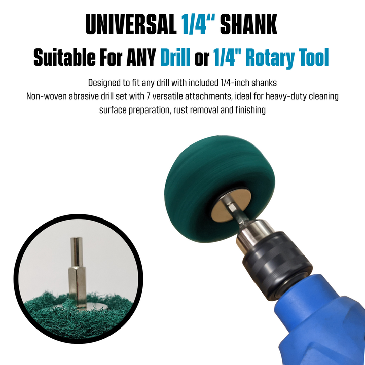 Topes de taladro abrasivos no tejidos de 7 piezas, montados en vástago de 1/4 de pulgada - Verde - Mediano