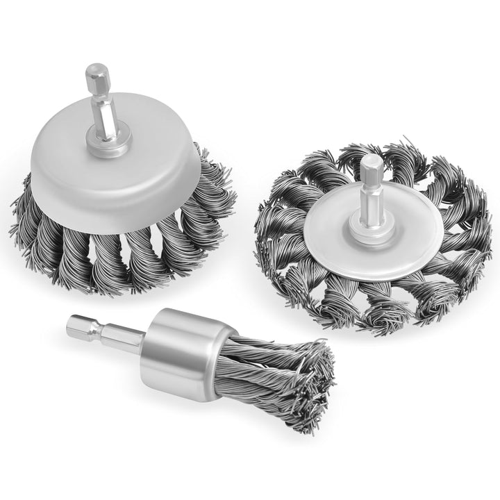 3-inch Knotted Drill Wire Brush Set, Hex Shank, Fits Impact Drivers, Pack of 3