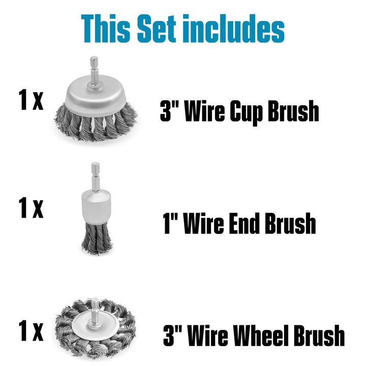 3-inch Knotted Drill Wire Brush Set, Hex Shank, Fits Impact Drivers, Pack of 3