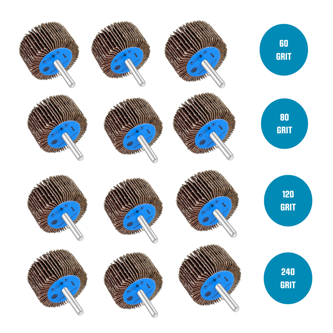 Kit de ruedas de lijado con solapa de 12 piezas para taladro, montadas en vástago de 1/4 de pulgada
