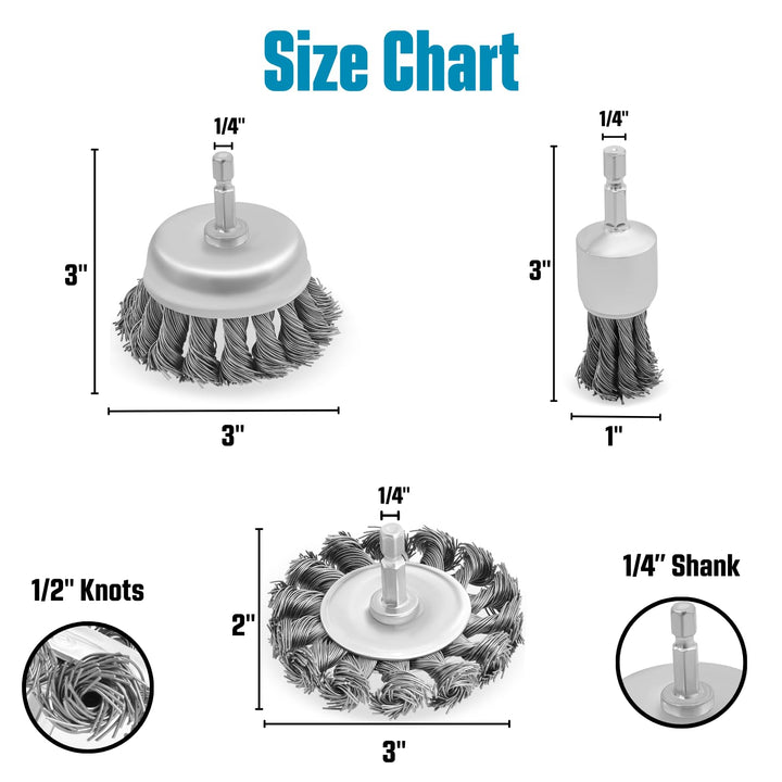 3-inch Knotted Drill Wire Brush Set, Hex Shank, Fits Impact Drivers, Pack of 3