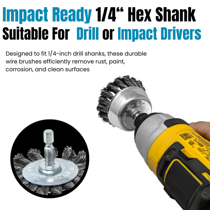 3-inch Knotted Drill Wire Brush Set, Hex Shank, Fits Impact Drivers, Pack of 3
