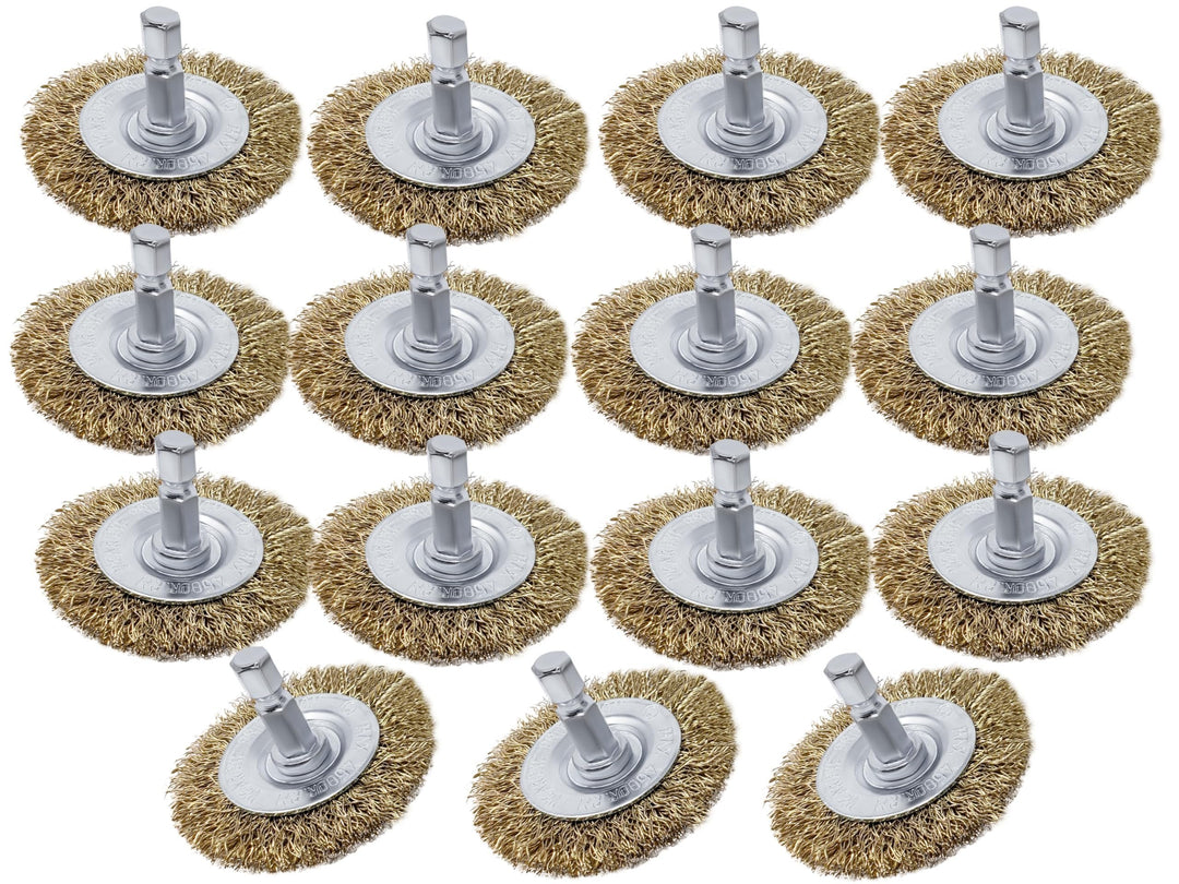 15pk Small Wire Wheel Brush Set for Drill and Impact Driver 2-Inch Round Mini Brass Coated Steel Wire Brushes for Rust Removal Paint Stripping Deburring Metal, 1/4" Hex Shank Attachment