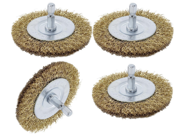 LINE10 Tools Wire Wheel Brush for Drill 3 inch Diameter, Brass-Coated (4 x 3" Wire Wheel Brush)
