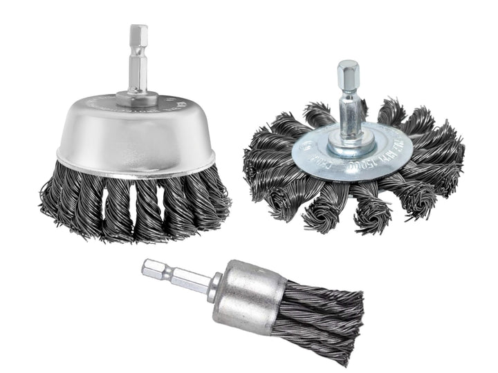 3 Pack 3" Knotted Drill Wire Brush Set , Hex Shank, Fits Impact Drivers