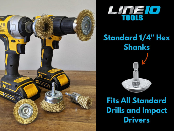 LINE10 Tools Wire Wheel Brush for Drill 3 inch Diameter, Brass-Coated (4 x 3" Wire Wheel Brush)