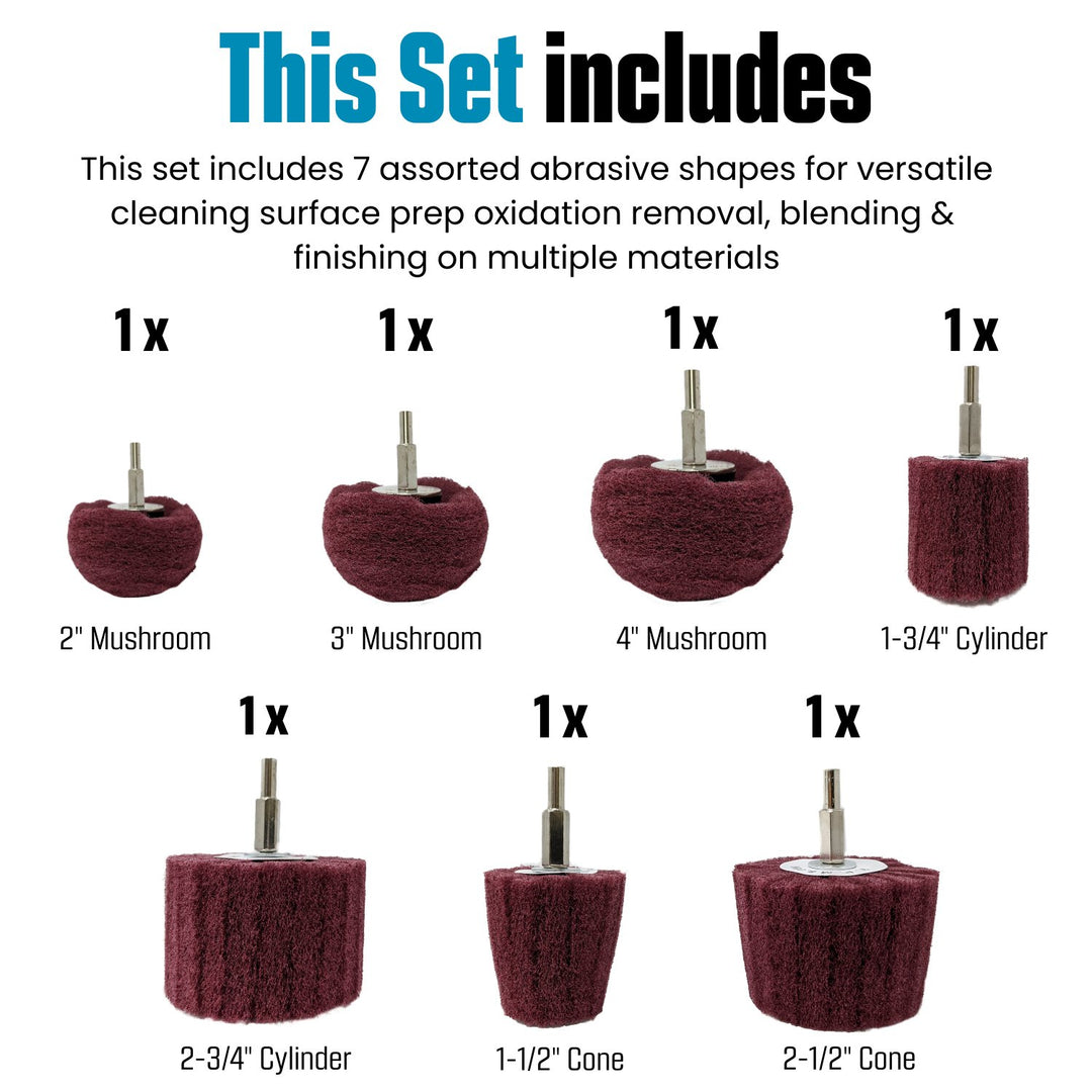 7pk Non Woven Abrasive Drill Buffing Attachment Set, Red, Medium