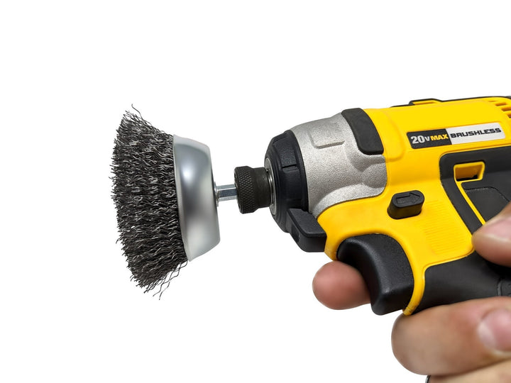 Brosse coupe métallique de 3 pouces sur tige hexagonale de 1/4" - poils en acier