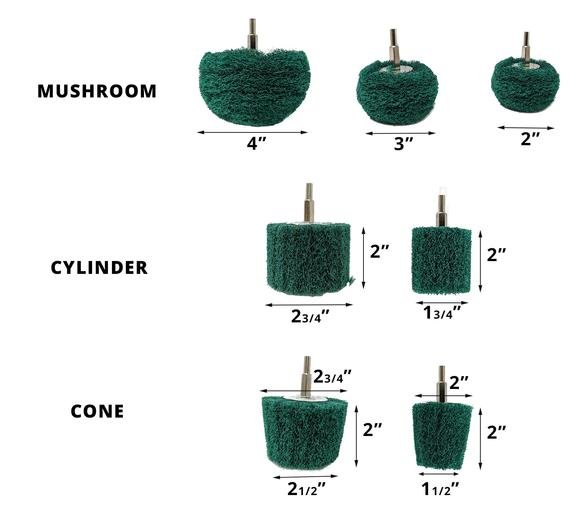 Abrasifs non tissés individuels pour perceuse - Montés sur tige de 1/4 de pouce - Différentes formes